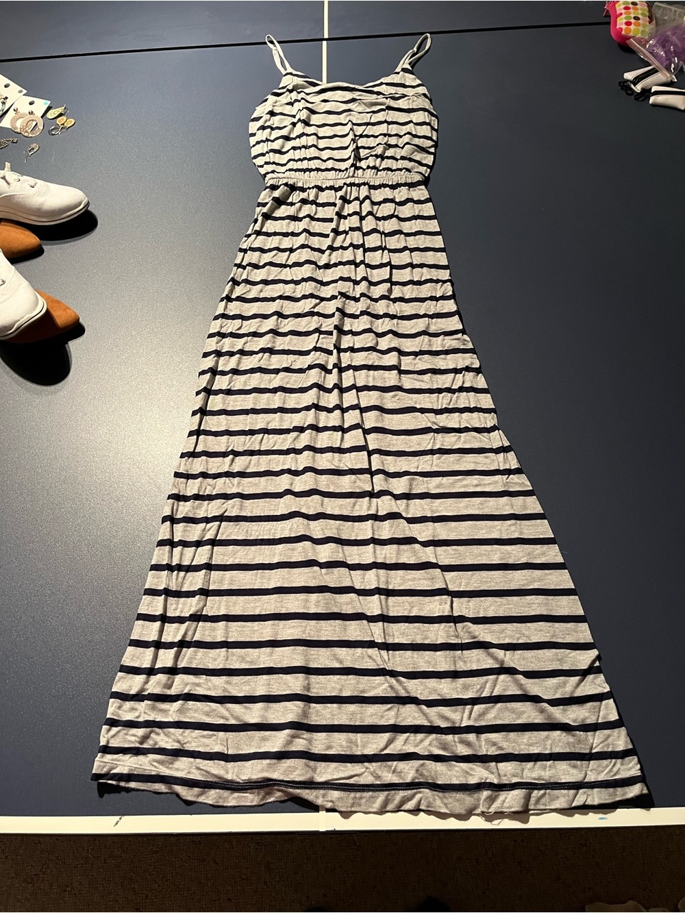 GAP Navy Blue & Grey Striped Spaghetti Strap Maxi Dress